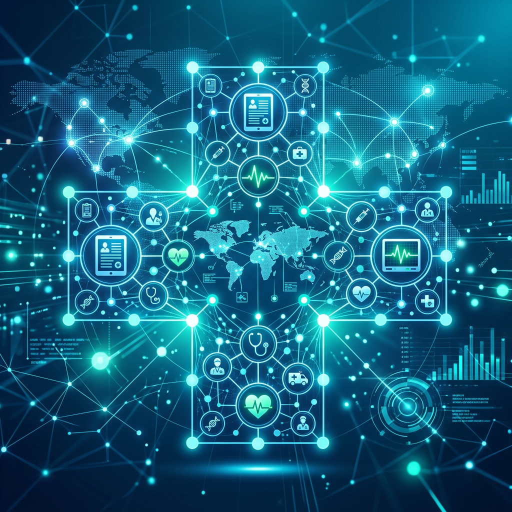 Interconnected digital nodes representing healthcare marketing strategy