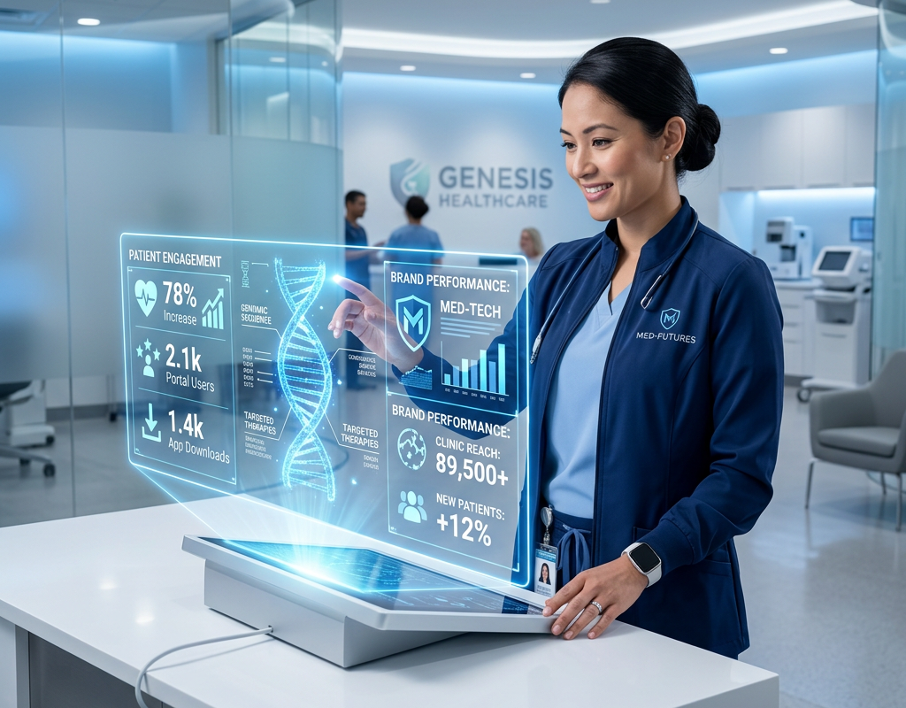 Medical professional interacting with digital branding metrics