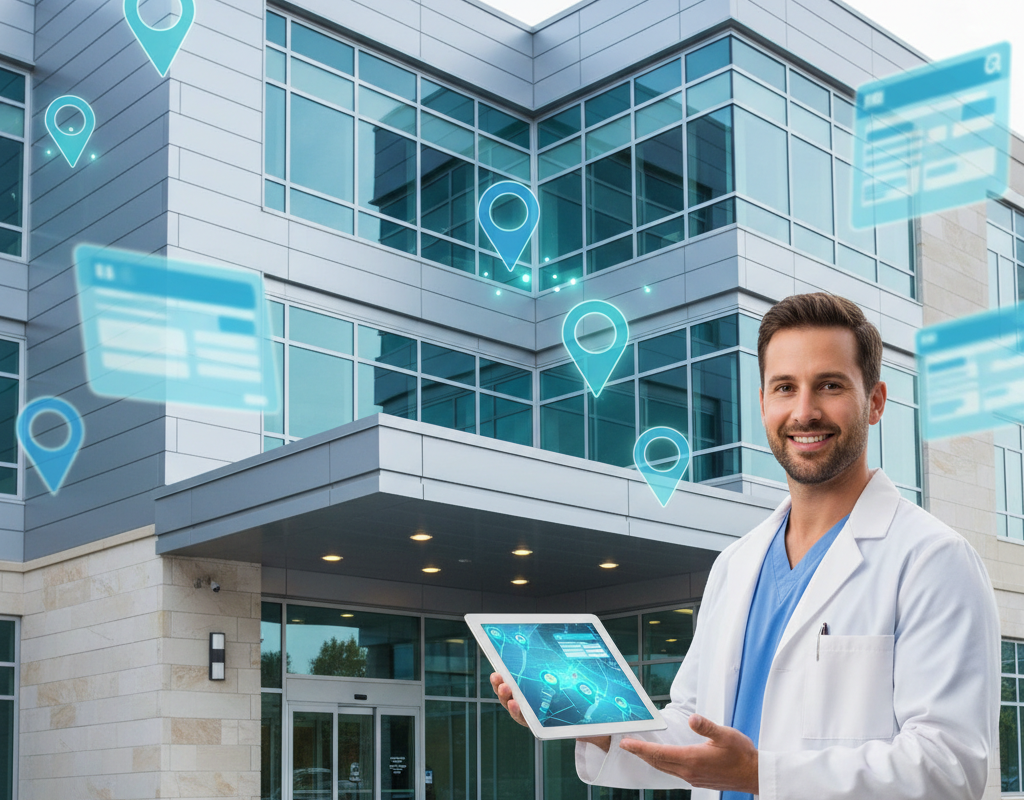 Doctor using a tablet with local search map pins near a medical clinic
