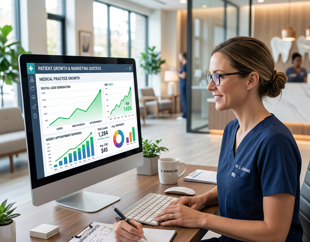 Marketing charts and medical icons representing healthcare lead generation success