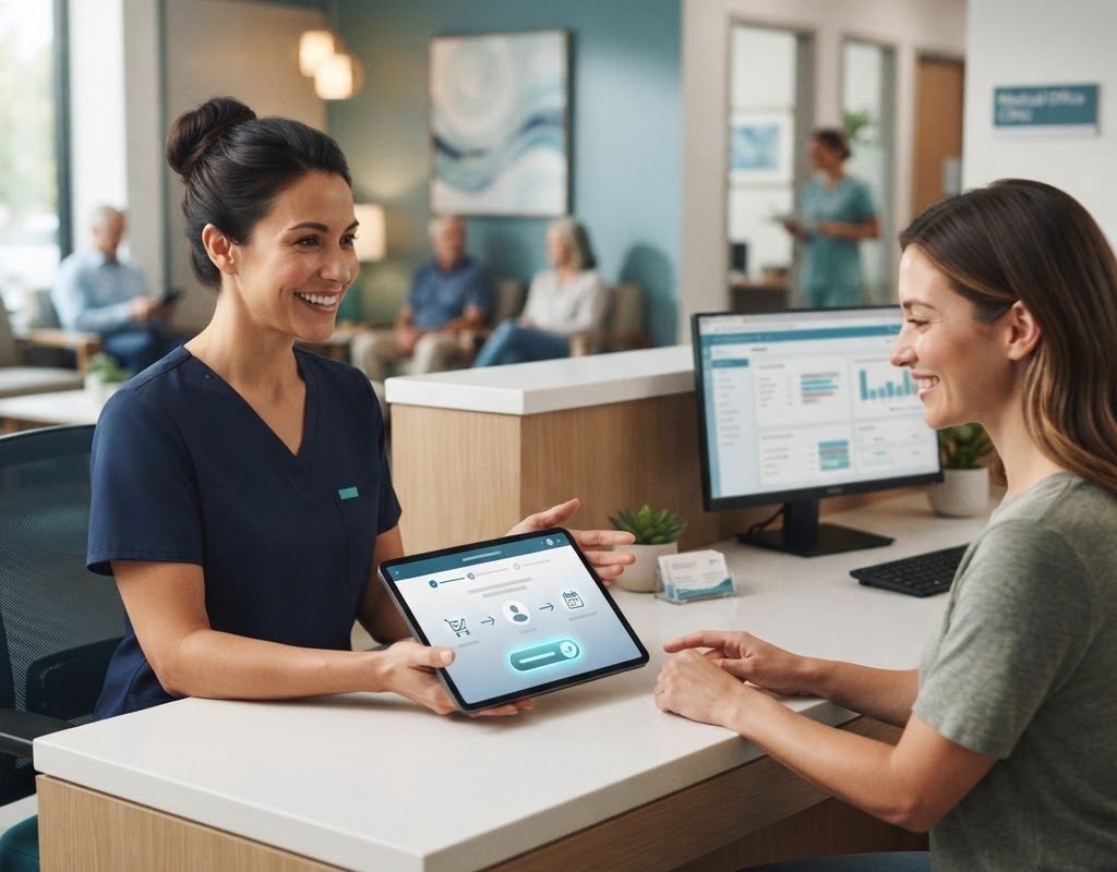 Healthcare professional using a tablet with digital patient lead generation concept