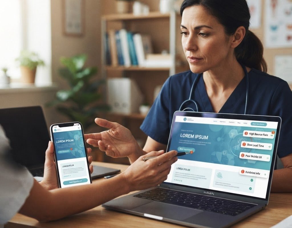 Physician reviewing a medical website on laptop and mobile screens